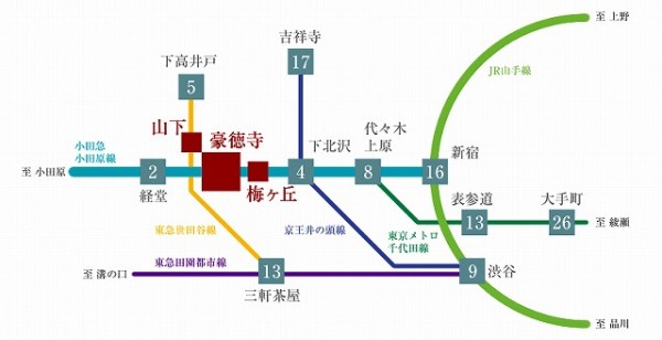 新築防音マンション　レリアモード豪徳寺の小田急線　京王線　東急線マップ