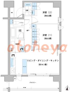 楽器ピアノ可相談 の 賃貸物件 2LDK 24.4万円の図面１