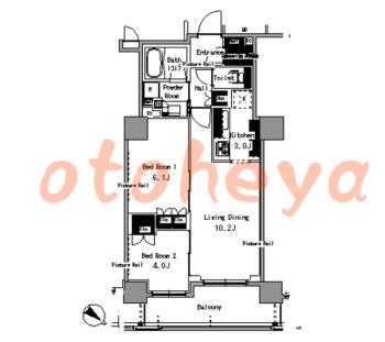 楽器ピアノ可相談 の 賃貸物件 2LDK 26.2万円の図面１