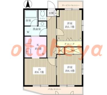 楽器ピアノ可相談 の 賃貸物件 2DK 10.2万円の図面１