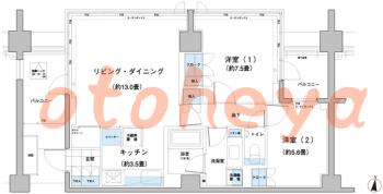 楽器ピアノ可相談 の 賃貸物件 2LDK 26.6万円の図面１
