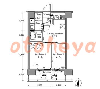 楽器ピアノ可相談 の 賃貸物件 2DK 16万円の図面１
