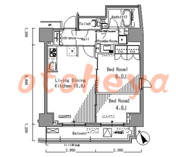 楽器ピアノ可相談 の 賃貸物件 2LDK 18.6万円の図面１
