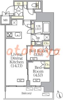 楽器ピアノ可相談 の 賃貸物件 2LDK 27.6万円の図面1