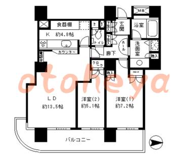 楽器ピアノ可相談 の 賃貸物件 2LDK 29.4万円の図面１