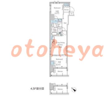 楽器ピアノ可相談 の 賃貸物件 2DK 17.5万円の図面１