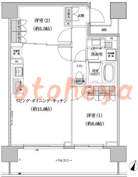 楽器ピアノ可相談 の 賃貸物件 2LDK 27.7万円の図面１