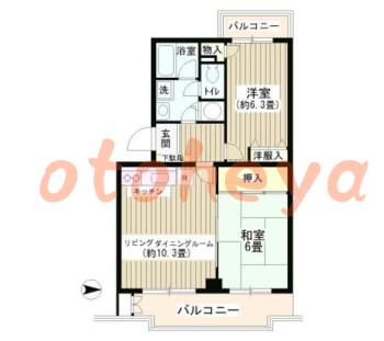楽器ピアノ可相談 の 賃貸物件 2LDK 8.9万円の図面１