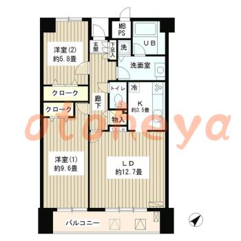 楽器ピアノ可相談 の 賃貸物件 2LDK 33.5万円の図面１