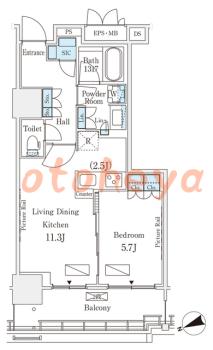 楽器ピアノ可相談 の 賃貸物件 1LDK 26.3万円の図面１