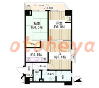 楽器ピアノ可相談 の 賃貸物件 2DK 12.9万円の図面１