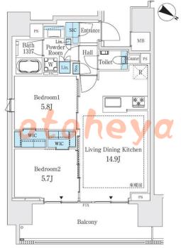 楽器ピアノ可相談 の 賃貸物件 2LDK 25万円の図面１