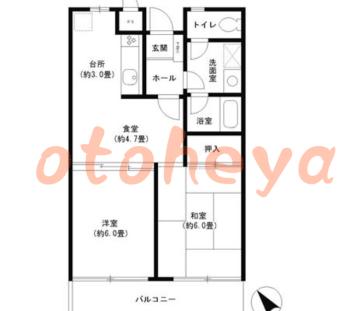 楽器ピアノ可相談 の 賃貸物件 2DK 10.7万円の図面１