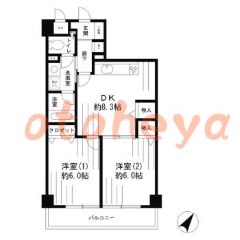 楽器ピアノ可相談 の 賃貸物件 2DK 9.9万円の図面１