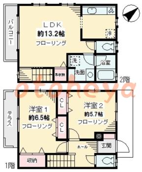 楽器ピアノ可相談 の 賃貸物件 2LDK 22.7万円の図面１