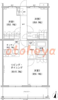 楽器ピアノ可相談 の 賃貸物件 3LDK 22.7万円の図面１