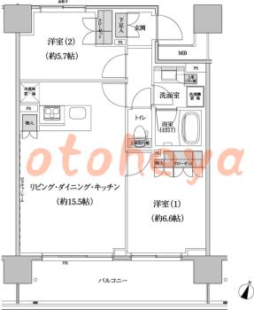 楽器ピアノ可相談 の 賃貸物件 2LDK 28.4万円の図面１