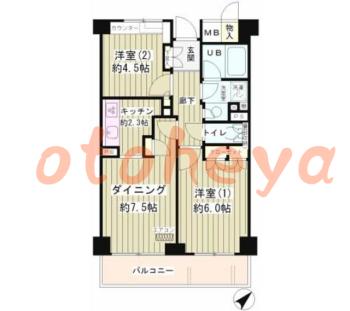楽器ピアノ可相談 の 賃貸物件 2DK 17万円の図面１