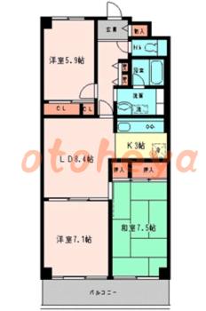 楽器ピアノ可相談 の 賃貸物件 3LDK 8.9万円の図面１