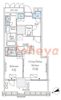 楽器ピアノ可相談 の 賃貸物件 1LDK 25.9万円の図面１