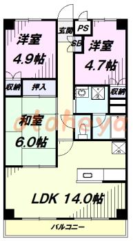 楽器ピアノ可相談 の 賃貸物件 3LDK 10.7万円の図面１