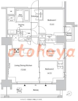 楽器ピアノ可相談 の 賃貸物件 3LDK 37.5万円の図面１