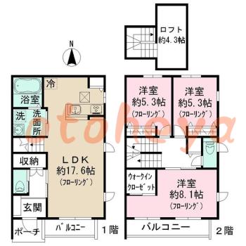 楽器ピアノ可相談 の 賃貸物件 3LDK 19.5万円の図面１