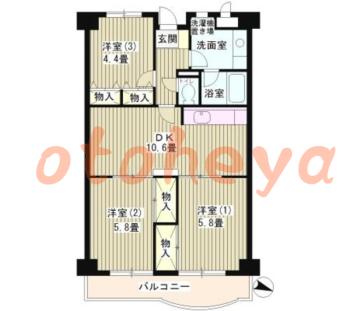 楽器ピアノ可相談 の 賃貸物件 3LDK 16.1万円の図面１