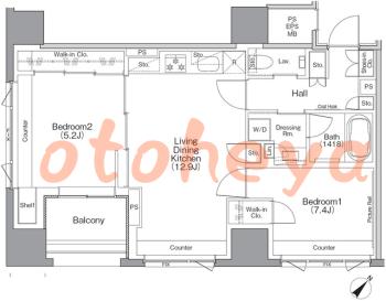 楽器ピアノ可相談 の 賃貸物件 2LDK 33.5万円の図面１