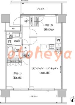 楽器ピアノ可相談 の 賃貸物件 2LDK 26.8万円の図面１