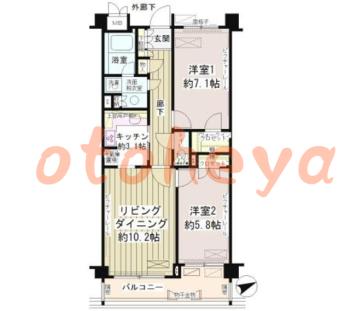 楽器ピアノ可相談 の 賃貸物件 2LDK 24万円の図面１
