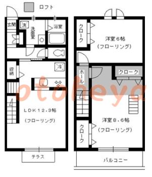 楽器ピアノ可相談 の 賃貸物件 2LDK 12.3万円の図面１