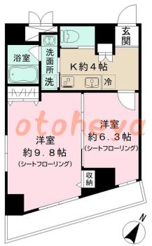 楽器ピアノ可相談 の 賃貸物件 2K 17.6万円の図面１