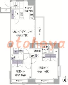楽器ピアノ可相談 の 賃貸物件 2LDK 43.4万円の図面１