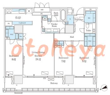 楽器ピアノ可相談 の 賃貸物件 3LDK 92万円の図面１