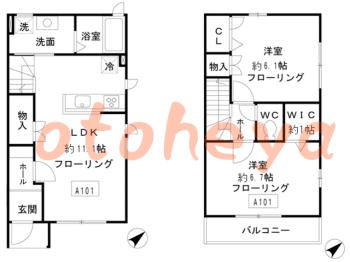 楽器ピアノ可相談 の 賃貸物件 2LDK 13万円の図面１
