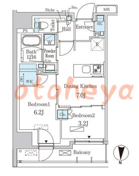 楽器ピアノ可相談 の 賃貸物件 2DK 21万円の図面１