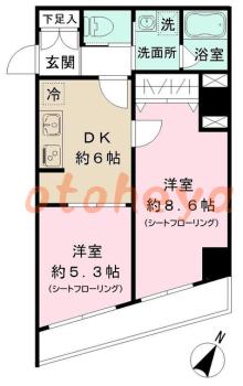 楽器ピアノ可相談 の 賃貸物件 2DK 19.1万円の図面１