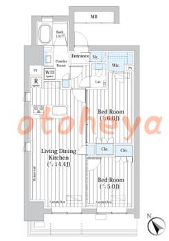 楽器ピアノ可相談 の 賃貸物件 2LDK 32.5万円の図面１