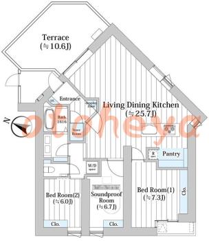 楽器ピアノ可相談 の 賃貸物件 2SLDK 40.5万円の図面１
