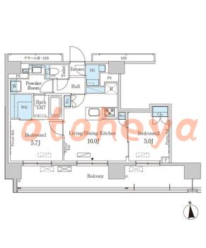 楽器ピアノ可相談 の 賃貸物件 2LDK 26.4万円の図面１
