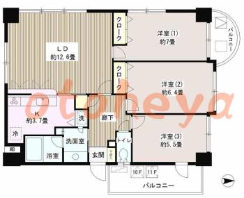 楽器ピアノ可相談 の 賃貸物件 3LDK 22.6万円の図面１
