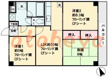 楽器ピアノ可相談 の 賃貸物件 3LDK 12.2万円の図面１