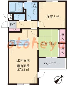 楽器ピアノ可相談 の 賃貸物件 2LDK 14.2万円の図面１