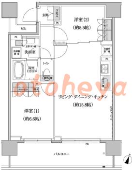 楽器ピアノ可相談 の 賃貸物件 2LDK 26.6万円の図面１