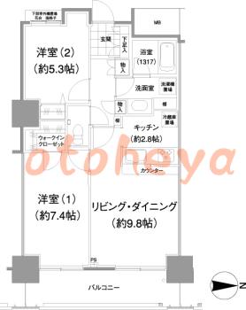 楽器ピアノ可相談 の 賃貸物件 2LDK 19.6万円の図面１