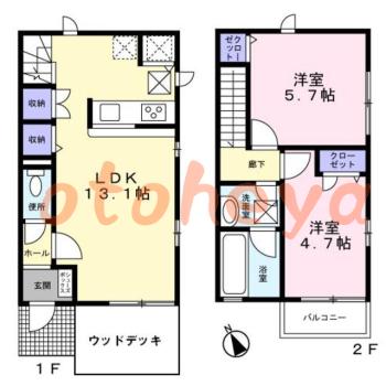 楽器ピアノ可相談 の 賃貸物件 2LDK 10.5万円の図面１