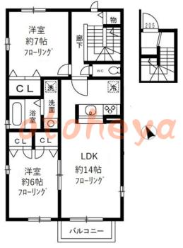 楽器ピアノ可相談 の 賃貸物件 2LDK 17.2万円の図面１