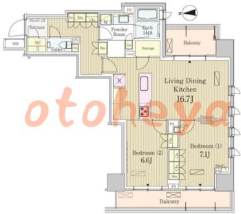 楽器ピアノ可相談 の 賃貸物件 2LDK 38.8万円の図面１