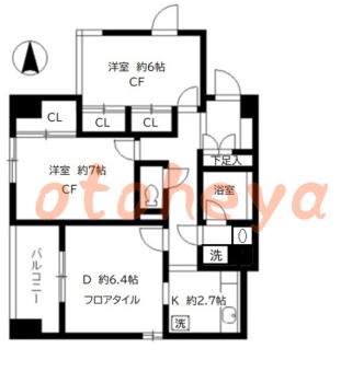 楽器ピアノ可相談 の 賃貸物件 2DK 10.5万円の図面１